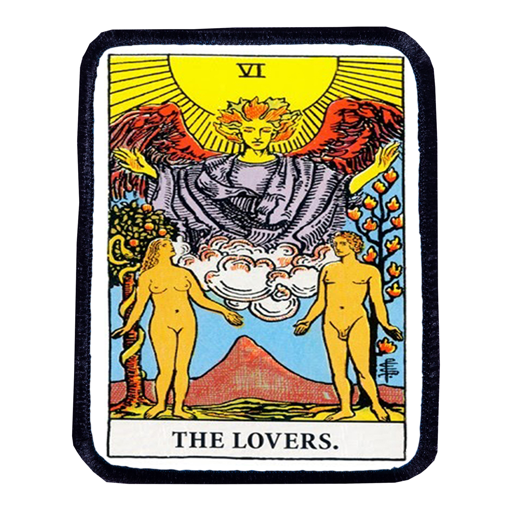 Tarot card patch featuring 'The Lovers' card with two nude figures and a colorful background.